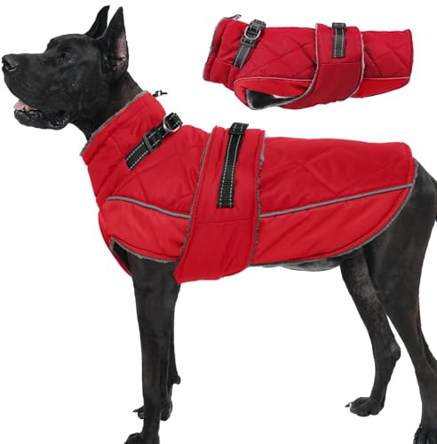 Katzinst Hundemantel, Hunde Wintermantel mit Reflektierenden Streifen Geschirr Faltbarer Fleece Ausschnitt, Wasserbeständig Hundemantel für Große Hunde, Deutsche Dogge, Rot, 3XL