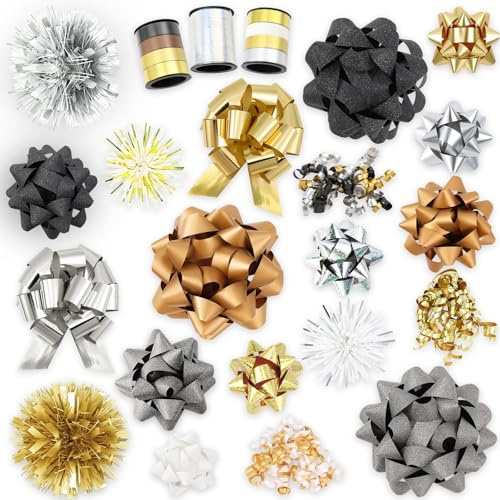 XIMISHOP 23 Stück Weihnacht Geschenkschleifen Selbstklebend,Weihnachtsschleifen Geschenkband Christmas Bows Geschenkbänder Für Weihnachten Geschenkverpackungen Weihnachtsbaum Deko(Schwarz und Gold)