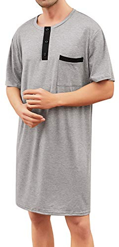 Enjoyoself Herren Baumwolle Pyjama Tops Weich Atmungsaktiv Nachthemd Knielang Nachtshirts Kurzarm Nachtwäsche Lounge Wear