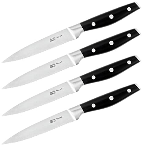 Tefal Jamie Oliver K26708 Steakmesserset 24cm 4-teilig, Edelstahl Steakbesteck Set für 4 Personen, Steakmesser mit e rutschfeste Griffe, Grillbesteck, Edelstahl/ Schwarz, Silber