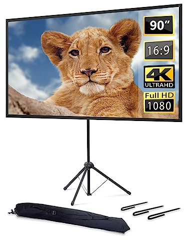 Beamer Leinwand mit Stativ, Tragbar Projektor Leinwand 90 Zoll, 16:9, 4K HD ProjektionLeinwand, Leicht und Kompakt, tragen, Ideal für Heimkino, innen/außen Filme.