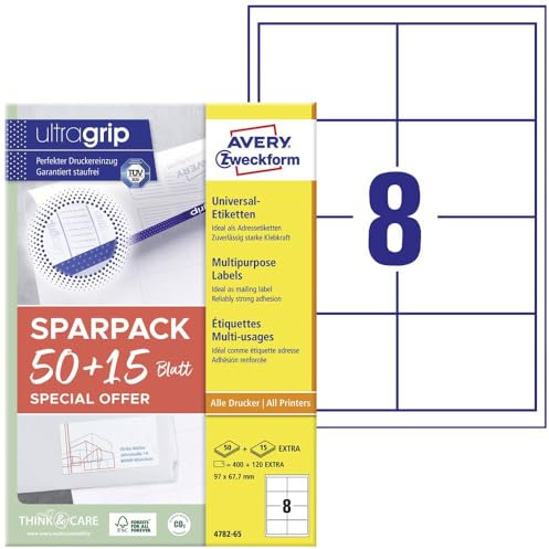 AVERY Zweckform 4782-65 Universal Etiketten (400 plus 120 Klebeetiketten extra, 97x67,7mm auf A4, bedruckbare Versandetiketten, selbstklebende Versandaufkleber mit ultragrip) 65 Blatt, weiß