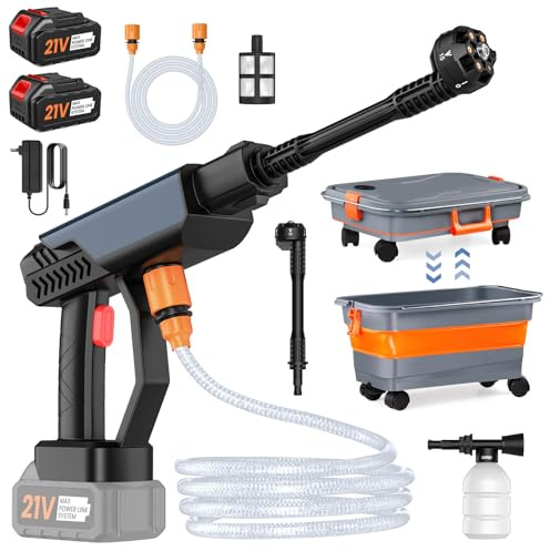 Akku Hochdruckreiniger, 30 Bar Tragbarer Hochdruckreiniger mit 2 x 3.0 Ah Akku, 22L Faltbarer Wassertank, 6-in-1-Multifunktionsdüse, Kabelloser Druckreiniger für Autos, Terrasse, Fenster