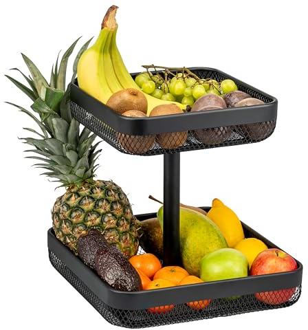 eluno 2-stöckige eckige Obstetagere/Brotkorb, Körbe mit 25 x 25 cm und 30 x 30 cm, Obstschale, Obstkorb, viel Platz für Obst, Gemüse, Brot, Gewürzen und Snacks in Küche und Wohnzimmer, aus Metall