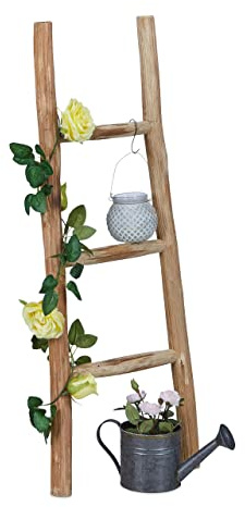 Relaxdays Dekoleiter, 90 cm hoch, Holzleiter Garten, 3 Sprossen, Kastanie, Handarbeit, Handtuch- & Kleiderleiter, Natur