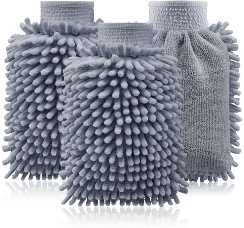 com-four® 3X Waschhandschuh für KFZ und Haushalt - Microfaser-Handschuh - Chenille-Handschuh - Putzhandschuh für die Autopflege, Autowäsche und Fensterreinigung (3-teilig - grau)