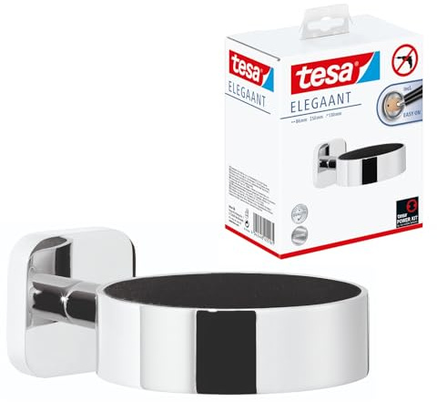 tesa ELEGAANT Föhnhalter - 86 mm x 50 mm x 130 mm | Runder Haartrockner-Halter zur Wandbefestigung ohne Bohren - aus verchromtem Metall - inkl. Klebelösung