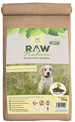RAW Nature JUNIOR Huhn Trockenfutter, 12kg, kaltgepresst, Monoprotein | 100% Muskelfleisch, sehr hoher Fleischanteil, getreidefrei, ohne künstliche Zusätze, für alle Rassen & sensible Hunde