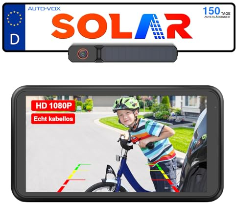 AUTO-VOX Solar Rückfahrkamera Kabellos mit 5 1080P Monitor: 5000mAh Akku 2 Mins DIY Installation & Dual-Split Funk Rückfahrkamera, IP69K Wasserdicht Rückfahrkameras für Auto, LKW, Van, SUV, Wohnmobil