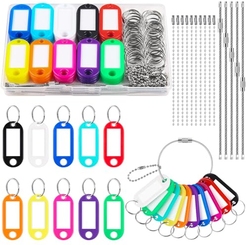 Caianwin 50 Stück 10 Farben Schlüsselanhänger Beschriftbar Set | Schlüsselanhänger mit Beschreibbaren Etiketten, 10 Kugelketten und 5 Schlüsselring Drahtseil