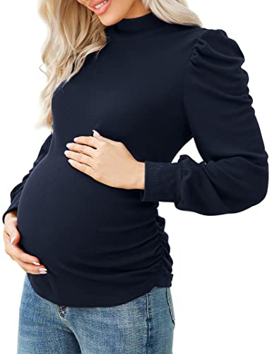 KOJOOIN Damen Umstandsshirt mit Streifen Kurzarm Umstandsbluse Rollkragen Umstandsmode mit Seite Geraffen