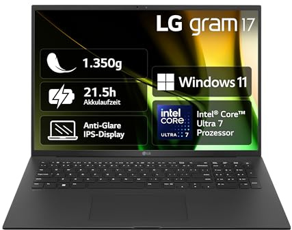 2024 LG gram 17 Zoll Notebook - 1350g Intel Core Ultra7 Laptop (16GB RAM, 1TB Dual SSD, 21,5h Akkulaufzeit, IPS Panel Anti-Glare Display, Win 11 Home) - Schwarz