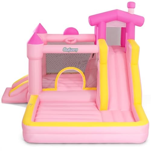 Outfunny Hüpfburg groß für Kinder, Aufblasbare Hüpfburg Indoor & Outdoor mit Gebläse 450W, Rutsche - Rosa