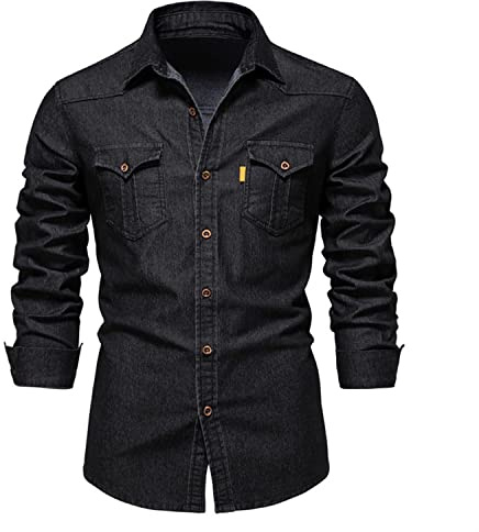 Skrsila Herren Jeanshemd Denim Shirt Langarmhemd Cowboy-Style Kent-Kragen Business Casual Männer Freizeit Hemd
