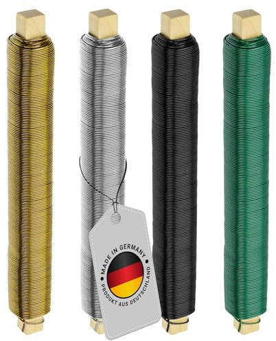 ECENCE 4er Set Blumendraht verzinkt, 0,65mm Basteldraht, Wickeldraht lose auf Holzwickel zur Befestigung von Blumen und Pflanzen, Bindedraht 35m Farbe Gold, Silber, schwarz, grün