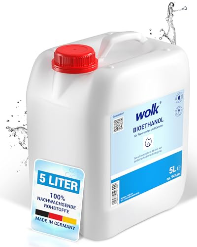 wolk Bioethanol 5L Premium – Bio Ethanol 5 Liter für Ethanol Kamin Indoor & Tischkamin – Reiner Alkohol Brennstoff Geruchsneutral & Rußfrei – Bioethanol Kaufen für Ethanolkamin & Brenngel Geräte