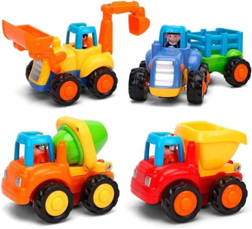 MOONTOY Baby Spielzeugauto Bagger Konstruktionsfahrzeuge Baufahrzeuge 4 in einem Set für Kinder, Traktor, Bulldozer, Kipper & Zementmischer