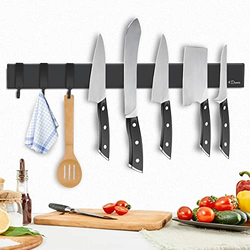 Dmore Magnetleiste Messer mit 3 Haken, 40 cm Messerhalter magnetisch | Schwarz, extrem selbstklebend Magnet Messerhalter aus Edelstahl, inklusive Klebeband und Schrauben, für Messer und Utensilien
