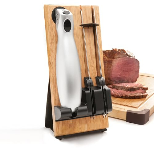 FISHTEC - Kabelloses Elektrisches Küchenmesser - Easy Cut Plus - Wiederaufladbar mit Holzhalterung - 2 Edelstahlklingen - Mühelose Schneidung von Brot, Fleisch - Ergonomisch & Leistungsstark - Grau