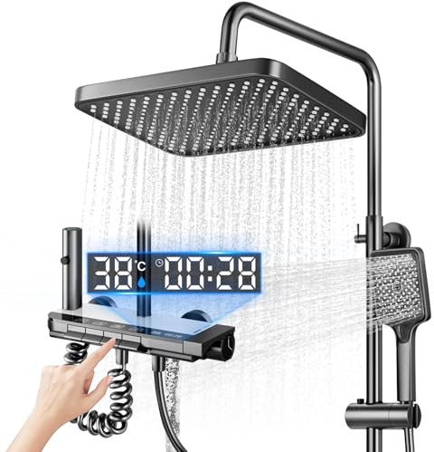 Koeutoze Duschkopf Set, Duschsystem mit LED, Duschbrause Regendusche 27 X 20cm, Duschkopf Handdusche, Zusatzdüse und Armatur, einstellbare Duschsäule mit Stimmungslicht, Höhe verstellbar 69-103cm