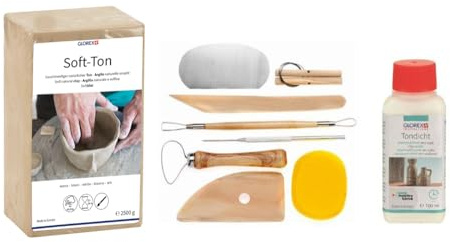 GLOREX 6 8075 299K - Set für Kreative: Soft Ton 2500 g in weiß, lufthärtend ohne Brennen, 100 ml Tondicht und ein 8 teiliges Set mit strapazierfähigem Modellierwerkzeug