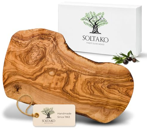 SOLTAKO Premium Schneidebrett aus Olivenholz - 35-38 cm | Rustikales Holzbrett als Frühstücksbrett, Steakbrett & Servierbrett - handgefertigt, massiv & jedes Stück ein Unikat