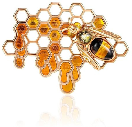 Bienenwabe Brosche Rose Gold vergoldet Sterling Silber 925 | mit silberner Biene, Maße 49x36x11mm