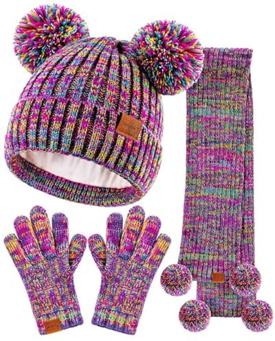 SENPUKI Handschuhe Mütze und Schal Kinder Set, Mädchen Kleinkind Kinder Beanie Mütze Winter mit Bommel Strick Halswärmer Halstuch Schlauchschal Handschuhe Fleece Gefüttert Geschenk(Regenbogen-Mix)