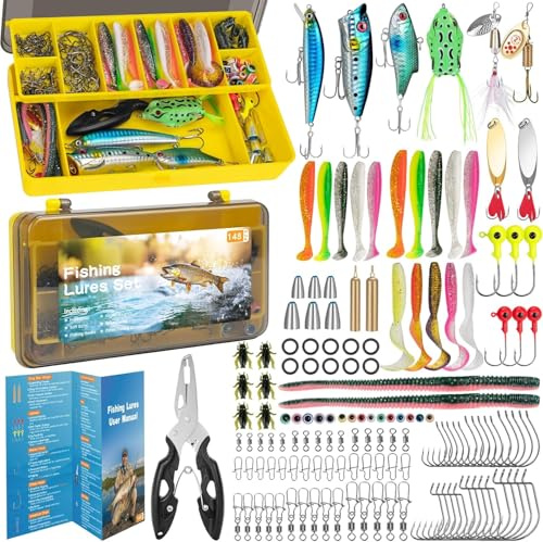 RISEMART Angeln Köder Set mit Köderbox - Wobbler, Löffelblinker, Spinner, Jigs, Haken & Zubehör für Süß- & Salzwasser