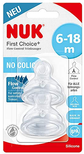 NUK First Choice+ Flow Control Trinksauger für Babyflaschen | 6–18 Monate |Anti-Colic-Ventil | BPA-frei | 2 Stück