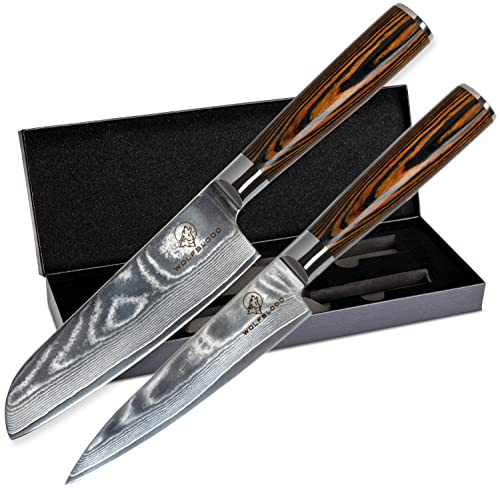 Wolfblood Damastmesser Set 2er (24cm/13cm Klinge) TÜV geprüfter 62 HRC Damaststahl aus 67 Lagen I Damast Küchenmesser Set mit Santokumesser Chefmesser Holzgriff Geschenkbox & Klingenschutz