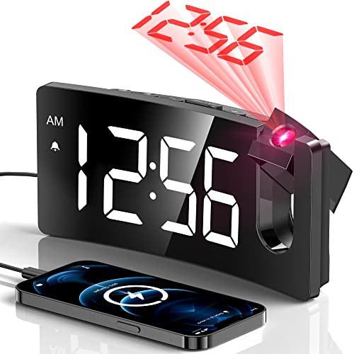 GOLOZA Projektionswecker Nachttisch, Wecker Digital mit 180° Projektor, 3-stufige Helligkeit, klares LED-Display, USB-Ladegerät, progressive Lautstärke, 9Min-Schlummer, 12/24H, Wecker für Schlafzimmer