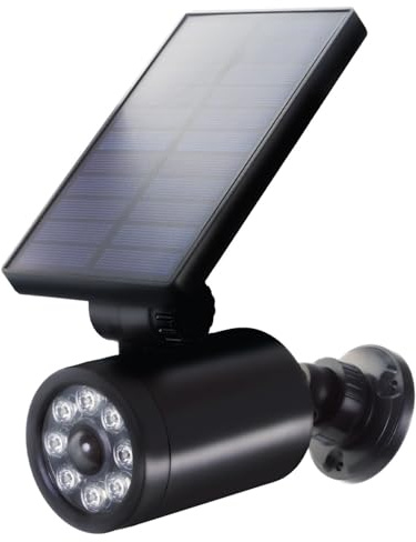Maclean Solar Kamera-Attrappe mit Bewegungsmelder und LED-Licht | IP Überwachungskamera Attrappe mit Objektiv | IP44 - Außenbereich | 220 Lumen, 6500K | Solarbetrieben, Blinkende rote LED (1 Stück)