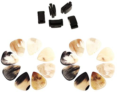 5 Stück Gummi-Plektrenhalter mit 16 Stück handgefertigten Hornplektren für Gitarre, Bass, Banjo, Mandoline, Ersatzteile