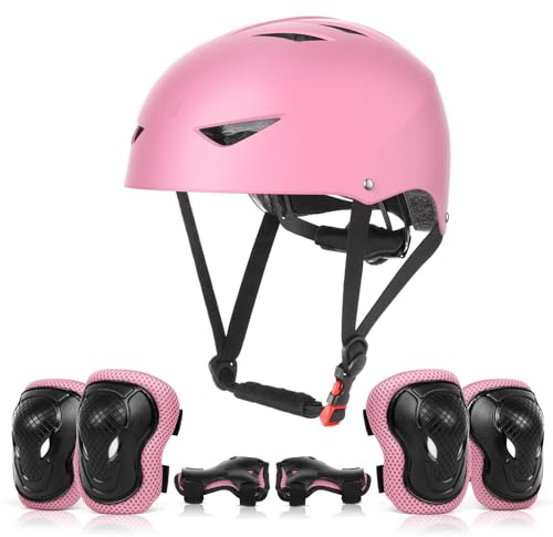 ValueTalks Kinderhelm Skateboard Helm mit Schützer inliner Schonerset Kinder Protektoren Helm für inliner Skateboard Fahrrad Rollschuh 54-58cm Kopfumfang (Rosa)