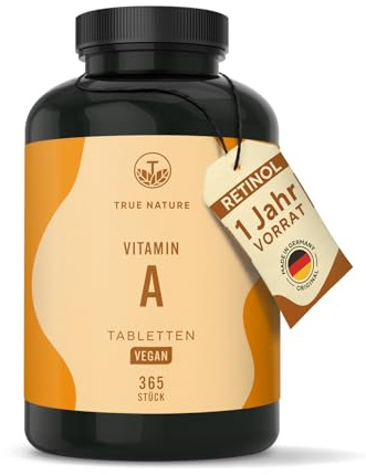 Vitamin A – Retinol hochdosiert (10.000 I.E.) – 365 Tabletten (3.000 µg) – Vit A Kapseln Alternative – Direkt verwertbare Form – Vegan, ohne Zusätze, deutsche Produktion – TRUE NATURE®