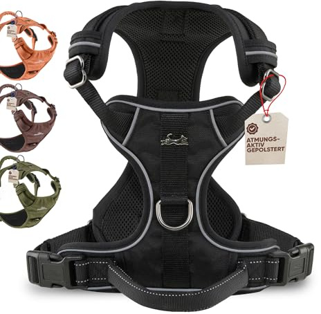 FREUDENTIER Hundegeschirr mit Griff, atmungsaktiv gepolstert - Bombenfester Sitz & maximale Sicherheit - Anti Zug Hundegeschirr kleine, mittelgroße & Grosse Hunde - Hunde Geschirr (Black, L)