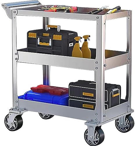 Edelstahl Rollwagen Werkstatt, 3-Etagen Rollbar Montagewagen mit 500kg Tragkraft, Multifunktionaler Materialwagen mit Rollen, Kommissionierwagen, Vielzweckwagen für Garage, Werkstatt, 78 x 46 x 92cm