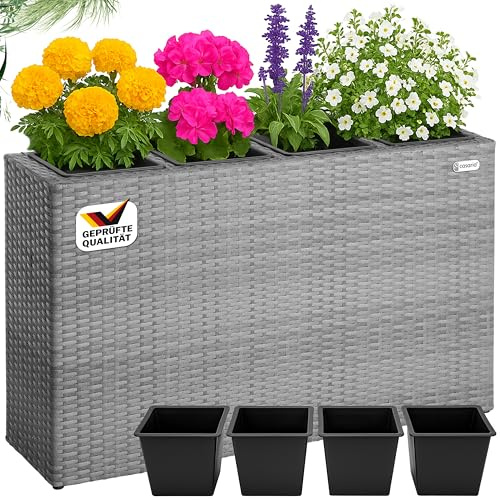 CASARIA Blumenkasten 4 Innentöpfe | Polyrattan, Herausnehmbar, Wasserablauf, Grau, Outdoor, Wetterfest, 95x27x60cm