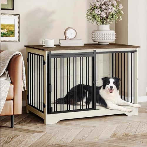 Hzuaneri Hundekäfig Möbel, 100 cm Hundebox, 2 Türen, Weiß Braun | Schiebetüren, Moderne Hundebox Holz Indoor für Mittlere/Große Hunde, Hundekäfig für Zuhause, 100 x 60 x 68 cm, DFC02314B