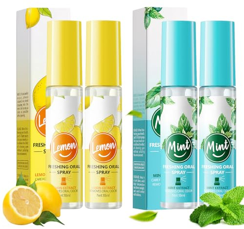 4 Stück Mundspray, 18 ML Mundspray mit Fruchtgeschmack, Zitronen- Und Minzgeschmack Erfrischungsspray, Gegen Mundgeruch Und Karies, Mundspray zum Schutz vor Mundgeruch, Hält den Atem Frisch
