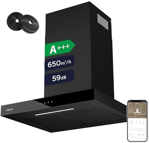 CIARRA CBCB6102 A+++ Dunstabzugshaube 60 cm Umluft mit App Touch-Bedienung Abluft Abzugshaube 650m³/h CBCF003 Aktivkohlefilter TouchControl 4 Stufen Inkl. Booster Schwarz