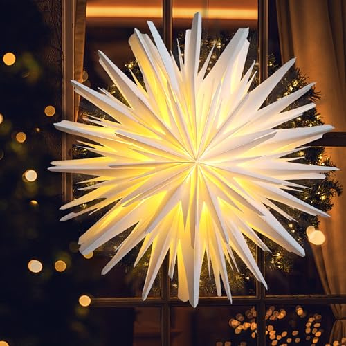 EANLOLY Weihnachtsstern Beleuchtet, Papiersterne Weihnachten, 3D Stern Fenster, Weihnachtsdeko Innen Zum Aufhängen mit Beleuchtung, 45 cm Ø Weiß