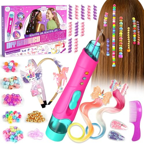 Geschenk Mädchen 5 6 7 8 9 Jahre – Haarschmuck Mädchen Haarflechtmaschine | DIY Haarperlen & Flechthilfe, Einhorn Haarreif und Haarclips – Kinder Spielzeug ab 5-12 Jahre Kreatives Geburtstag
