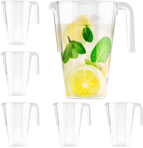 MATANA 6 Kunststoff Krüge (Durchsichtig, 1,5L) - Wasserkrug, Cocktail Krug, Saftkanne, Wasserkanne, Karaffe Plastik, Wasserkaraffe - Geburtstage, Hochzeiten, Grillpartys - Stabil & Mehrweg