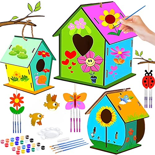 Frasheng 3 Stück DIY Vogelhaus Bausatz Kinder aus Holz,DIY Vogelhaus Kit für Kinder,mit Pigment,Kleine Handgemacht Vogelhaus Holz Kreative Bastelsets,Geschenk für Kinder Geburtstag Jungen und Mädchen