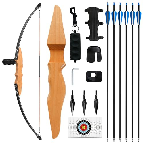 SERfawnCH Pfeil und Bogen 30lbs Set für Erwachsene und Anfänger - Recurve Jagdbogen mit Carbon Pfeilen, Bogenschießen Ausrüstung (Holzbogen, Einsteiger)