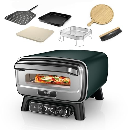 Ninja Artisan Outdoor-Pizzaofen und Heißluftfritteuse, 4 Funktionen, Servierbrett, Pizza-Wiegemesser, 30-cm-Pizzastein, Pizzaschale, Backblech und Heißluft-Fritteusen-Korb, Grün MO201AMZEU