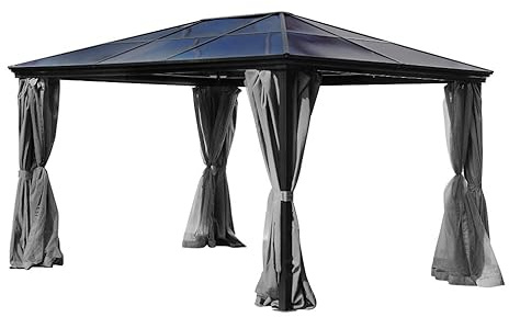 Jet-Line | Alu Pavillon Taneo | 3 x 4 m Pergola Gartenpavillon Aluminium Rahmen mit Festem Polycarbonat Dach | Anthrazit Winterfest Stabil Hardtop mit Vorhängen und Moskitonetz UV 50+ Schutz