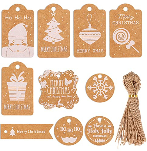 Eokeey 100 Stück Weihnachten Geschenkanhänger, Kärtchen zum Beschriften Kraftpapier Etiketten mit 100 Stück Jute Schnur, Geschenk Anhänger für Weihnachten Hochzeit Geschenke, DIY Bastel